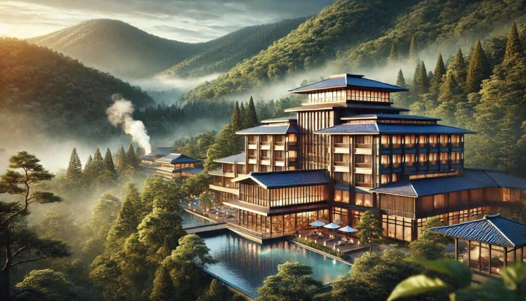 DALLE 2024 11 07 184643 A realistic landscape HD image of a luxury hotel nestled in the lush foreste