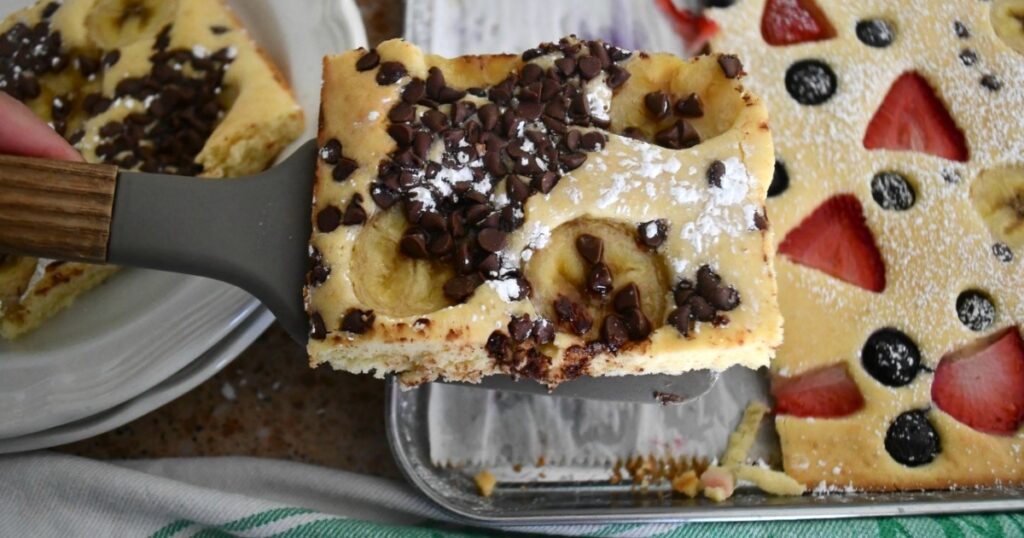 sheet pan pancakes with chocolate chips