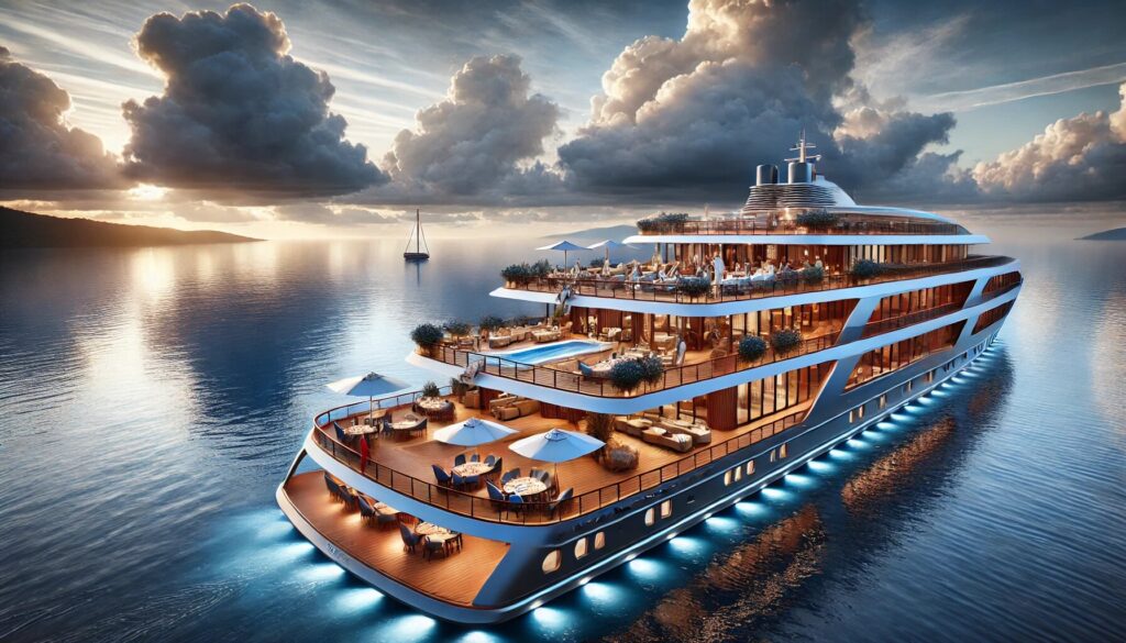 DALLE 2024 12 31 195637 A luxury cruise ship designed for day cruising showcasing sophisticated deck