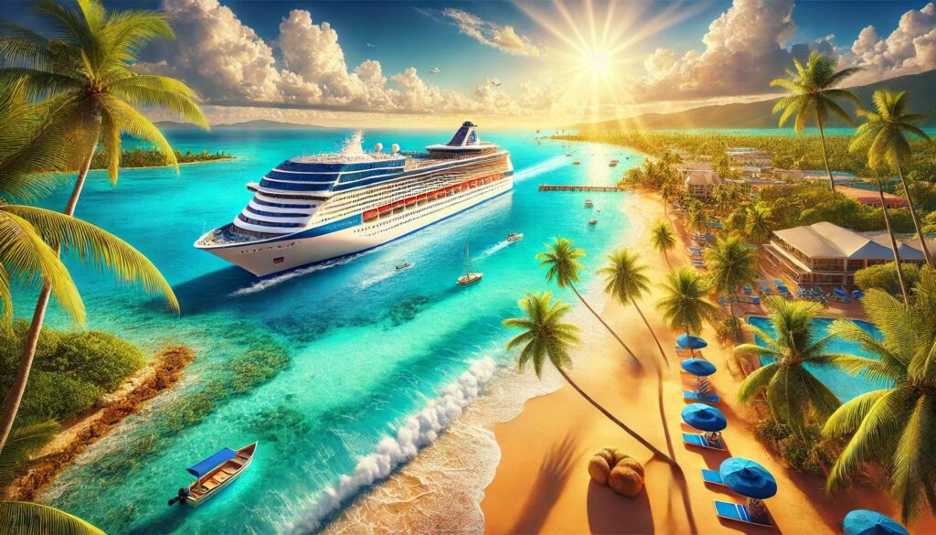 DALLE 2025 01 03 203549 A vibrant and picturesque landscape featuring a luxury cruise ship sailing n