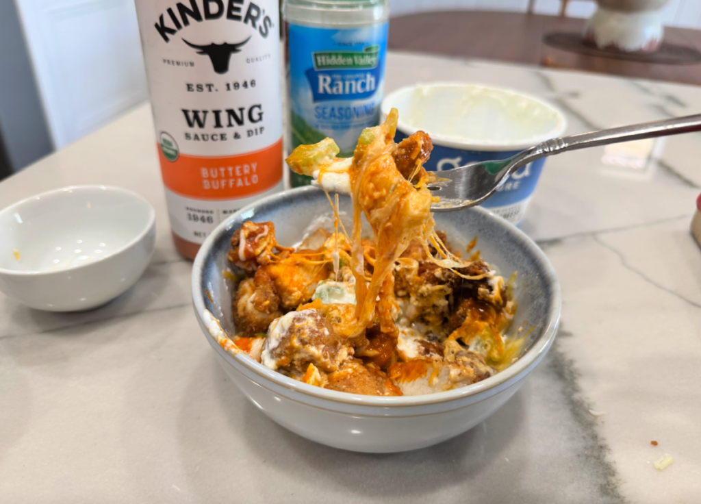 buffalo chicken cottage cheese bowl after cooking