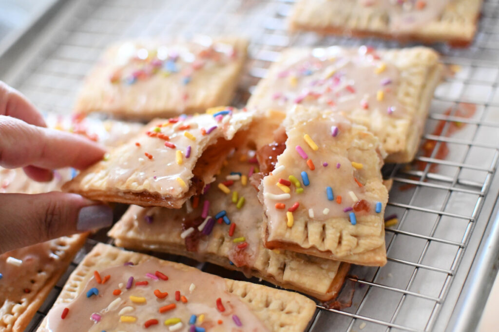 poptarts on a sheet pan with one cut in half